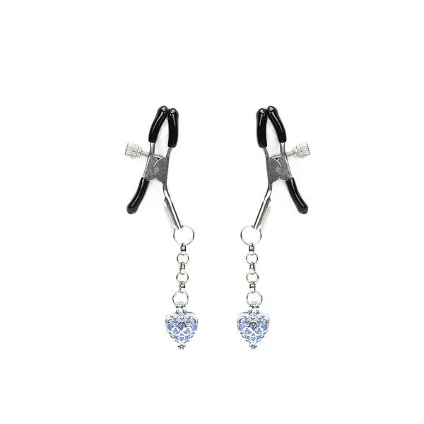 Зажимы для сосков с сердечком Liebe Seele Glow-in-dark Nipple Clamps Blue, светятся в темноте