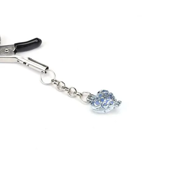Зажимы для сосков с сердечком Liebe Seele Glow-in-dark Nipple Clamps Blue, светятся в темноте