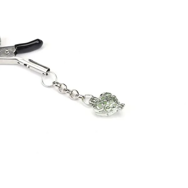 Затискачі для сосків із сердечком Liebe Seele Glow-in-dark Nipple Clamps Green, світяться в темряві