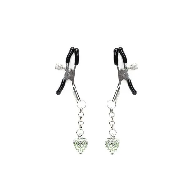 Затискачі для сосків із сердечком Liebe Seele Glow-in-dark Nipple Clamps Green, світяться в темряві