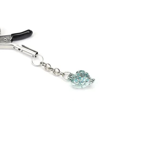 Зажимы для сосков с сердечком Liebe Seele Glow-in-dark Nipple Clamps Light Blue, светятся в темноте