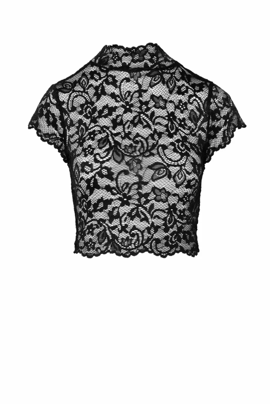 Топ Noir Handmade F303 Essence, M, black, кружевной, короткий рукав, воротник-стойка