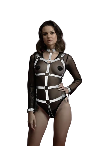 Жіноча збруя з ланцюгом та фіксаторами Feral Feelings Harness with Cuffs White