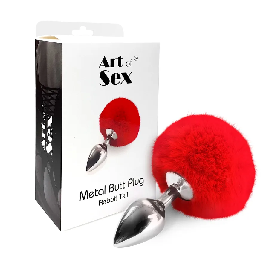 Металлическая анальная пробка М Art of Sex - Metal Butt plug Rabbit Tail Red, диаметр 3,4 см