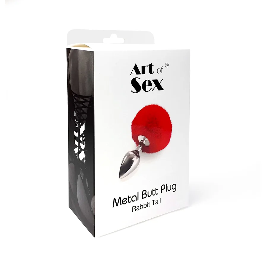 Металлическая анальная пробка М Art of Sex - Metal Butt plug Rabbit Tail Red, диаметр 3,4 см