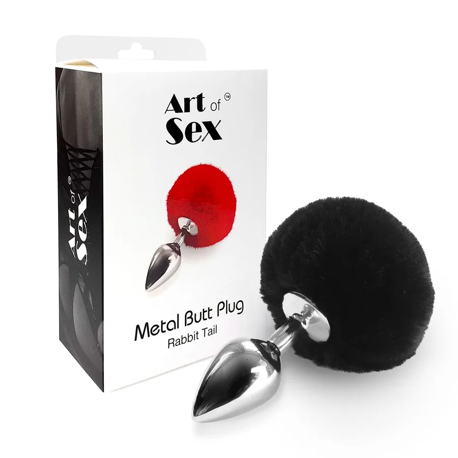 Металлическая анальная пробка М Art of Sex - Metal Butt plug Rabbit Tail Black, диаметр 3,4 см