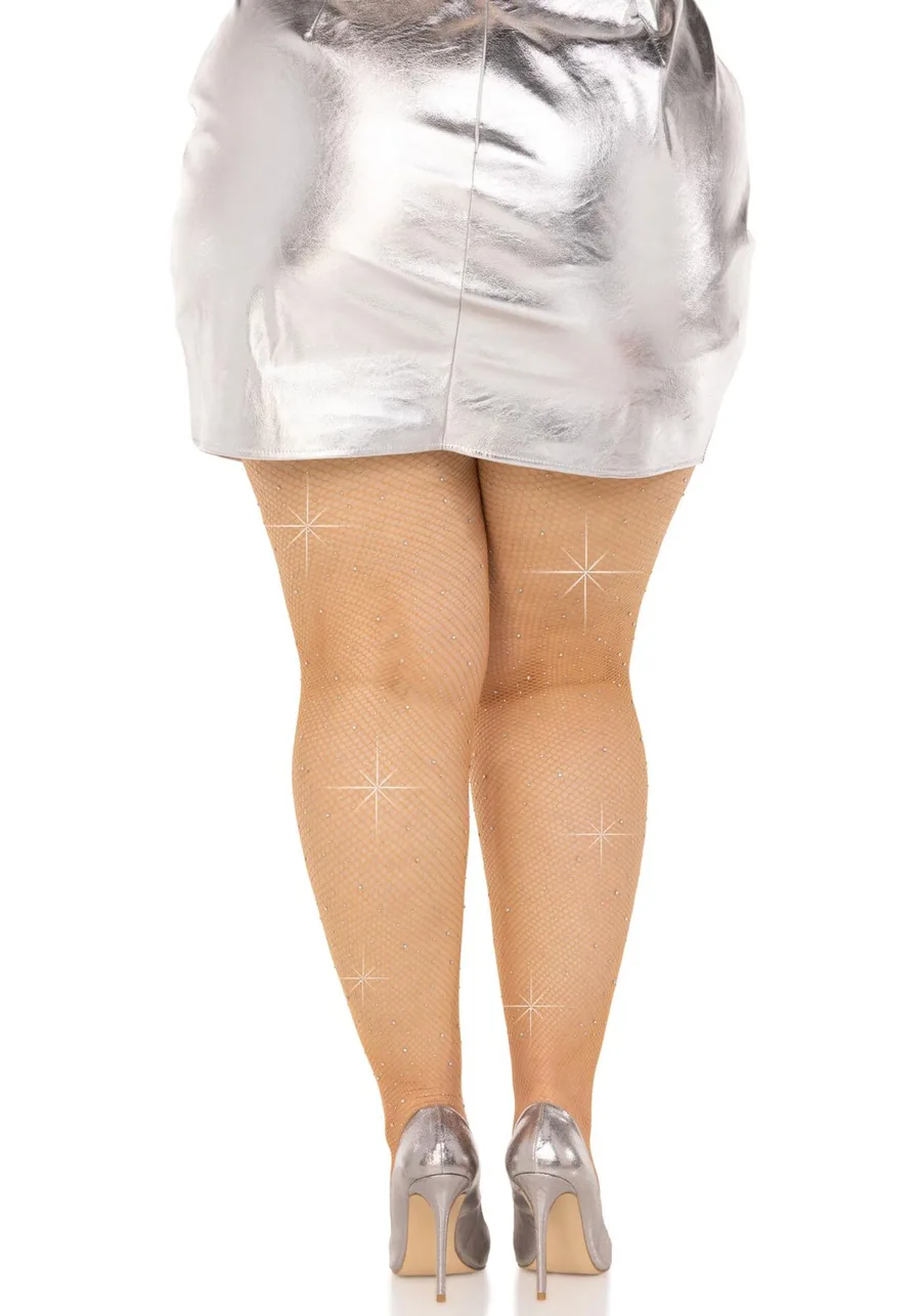 Колготки Leg Avenue Rhinestone micro net tights Plus size Caramel, дрібна сітка, стрази