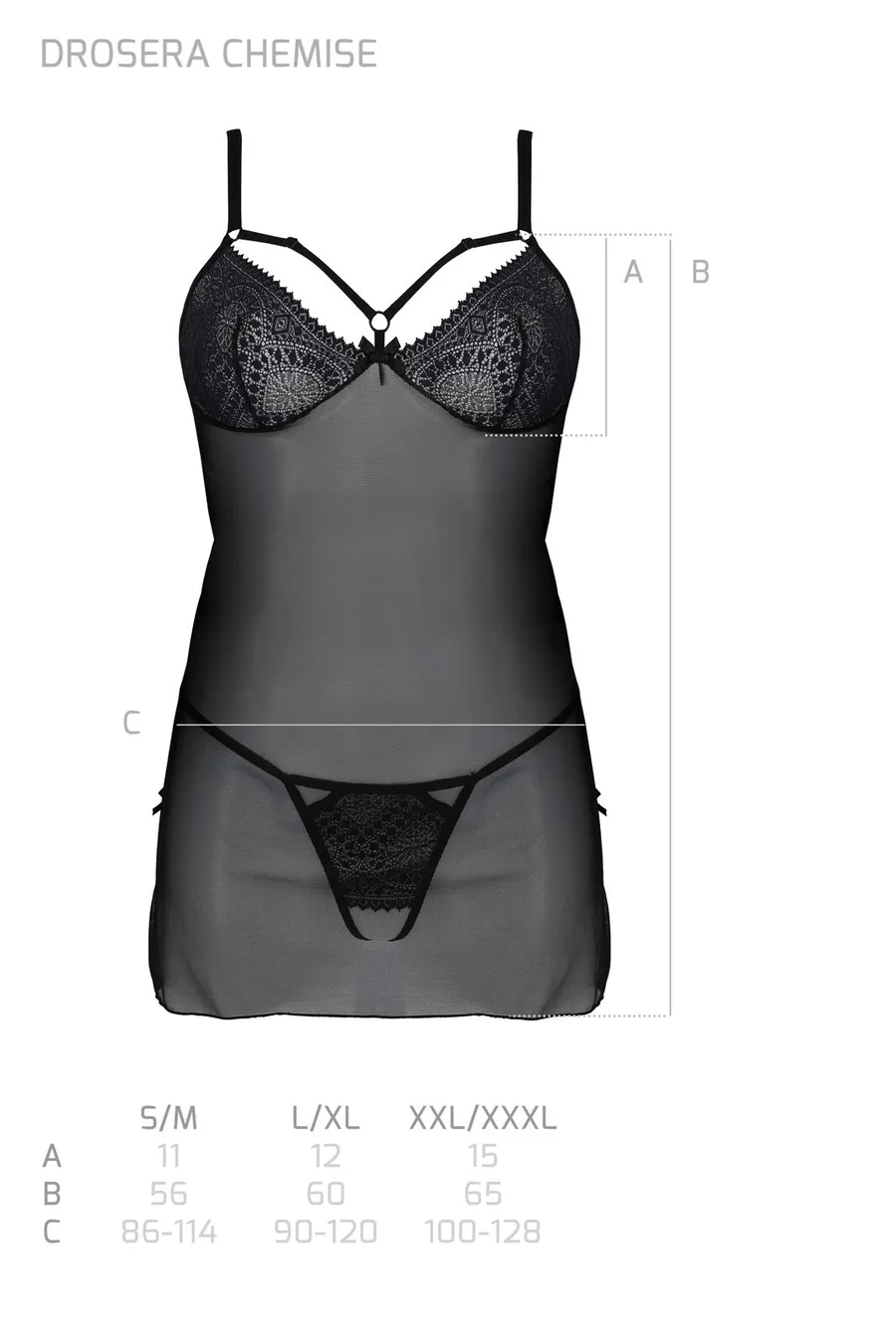 Пеньюар Passion DROSERA CHEMISE black, L/XL, кружевной лиф со стрепами, трусики в комплекте