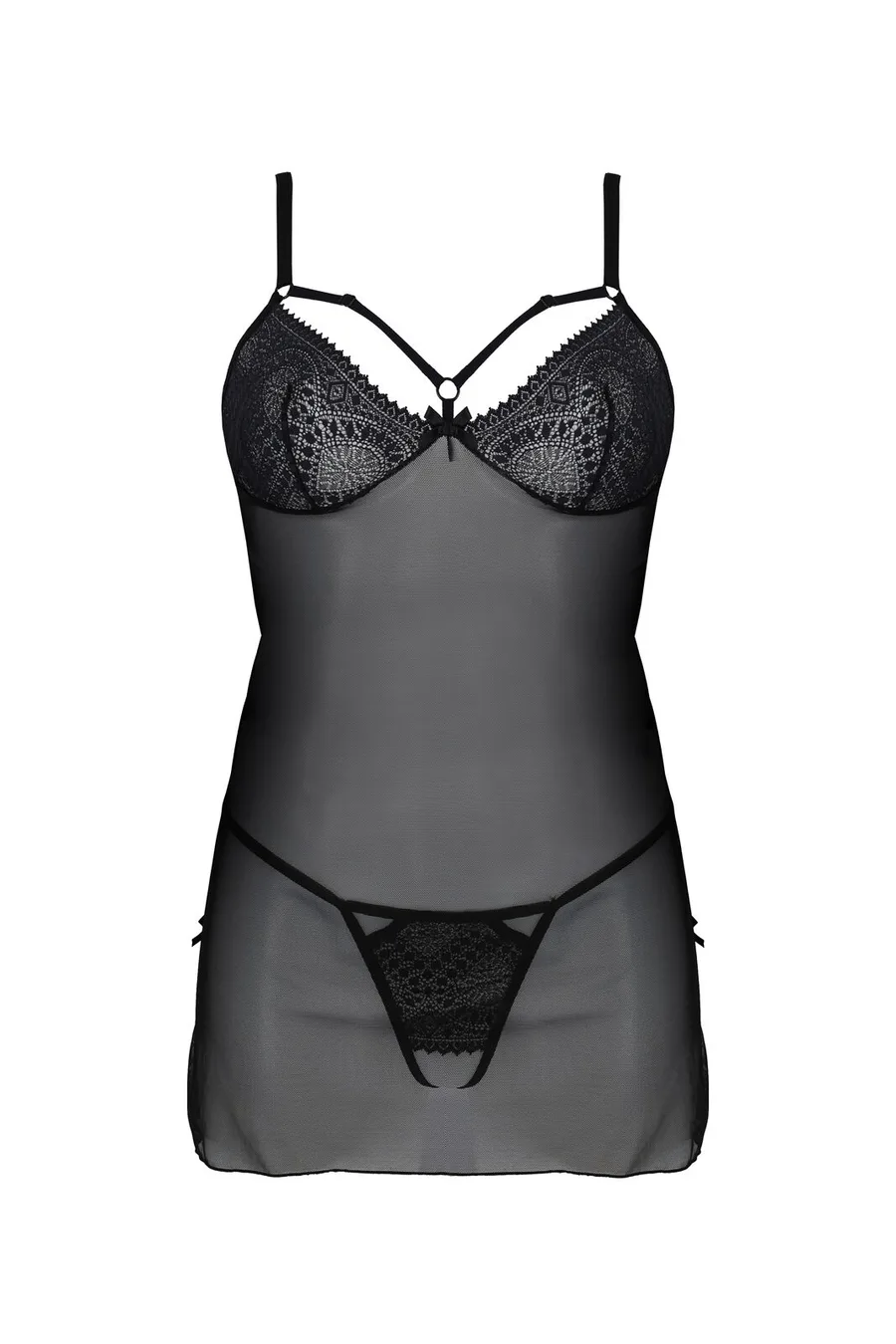 Пеньюар Passion DROSERA CHEMISE black, L/XL, кружевной лиф со стрепами, трусики в комплекте