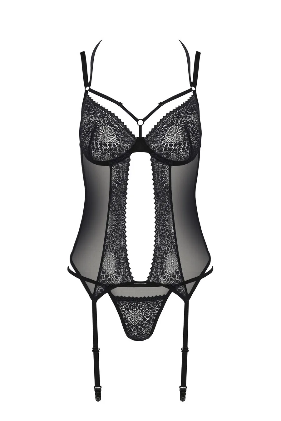Корсет Passion DROSERA CORSET black, L/XL, з кріпленнями для панчіх, трусики в комплекті