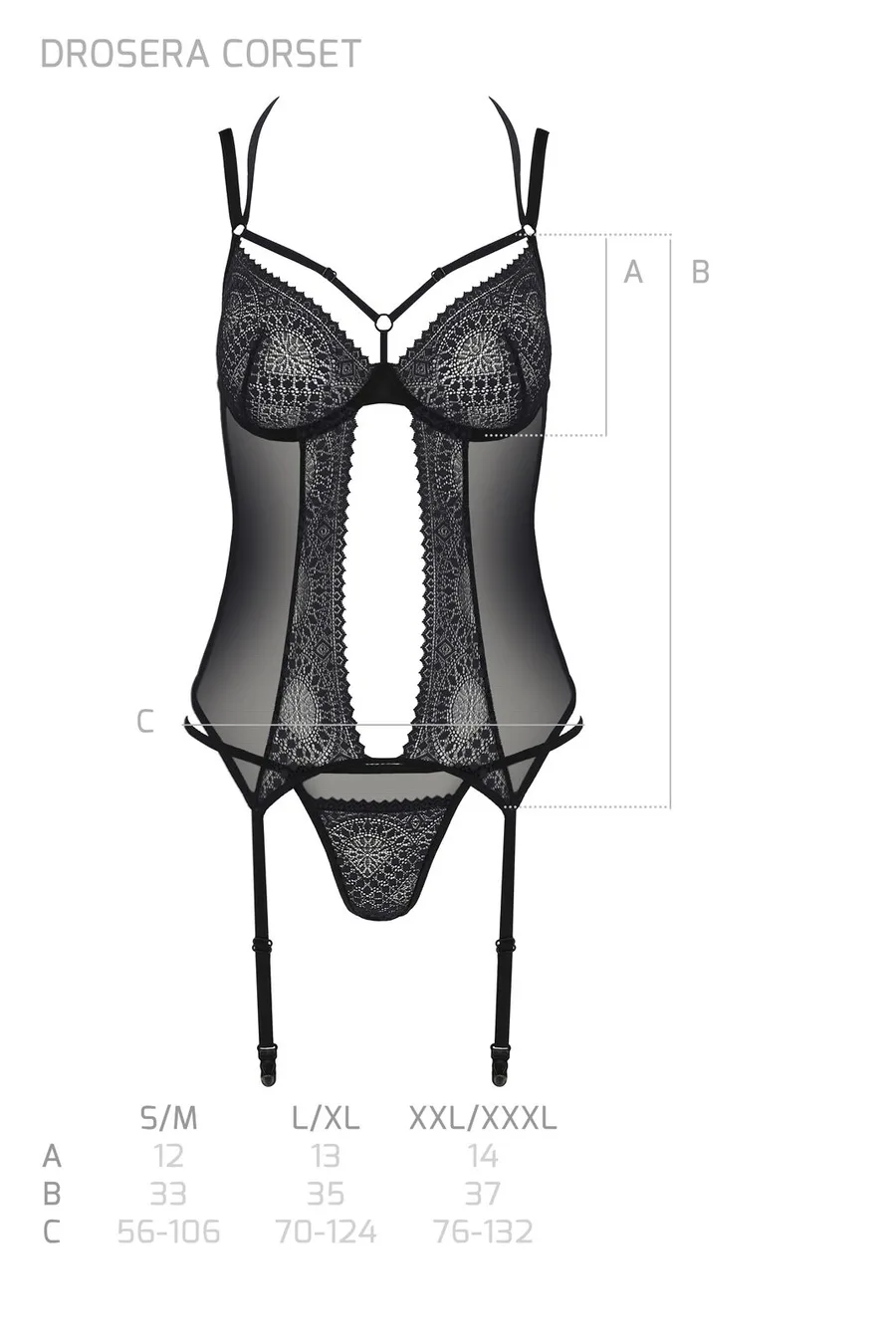 Корсет Passion DROSERA CORSET black, XXL/XXXL, с креплениями для чулок, трусики в комплекте