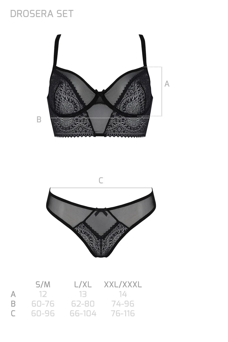 Комплект Passion DROSERA SET black, XXL/XXXL, сітка+мереживо, бюстьє та трусики танга
