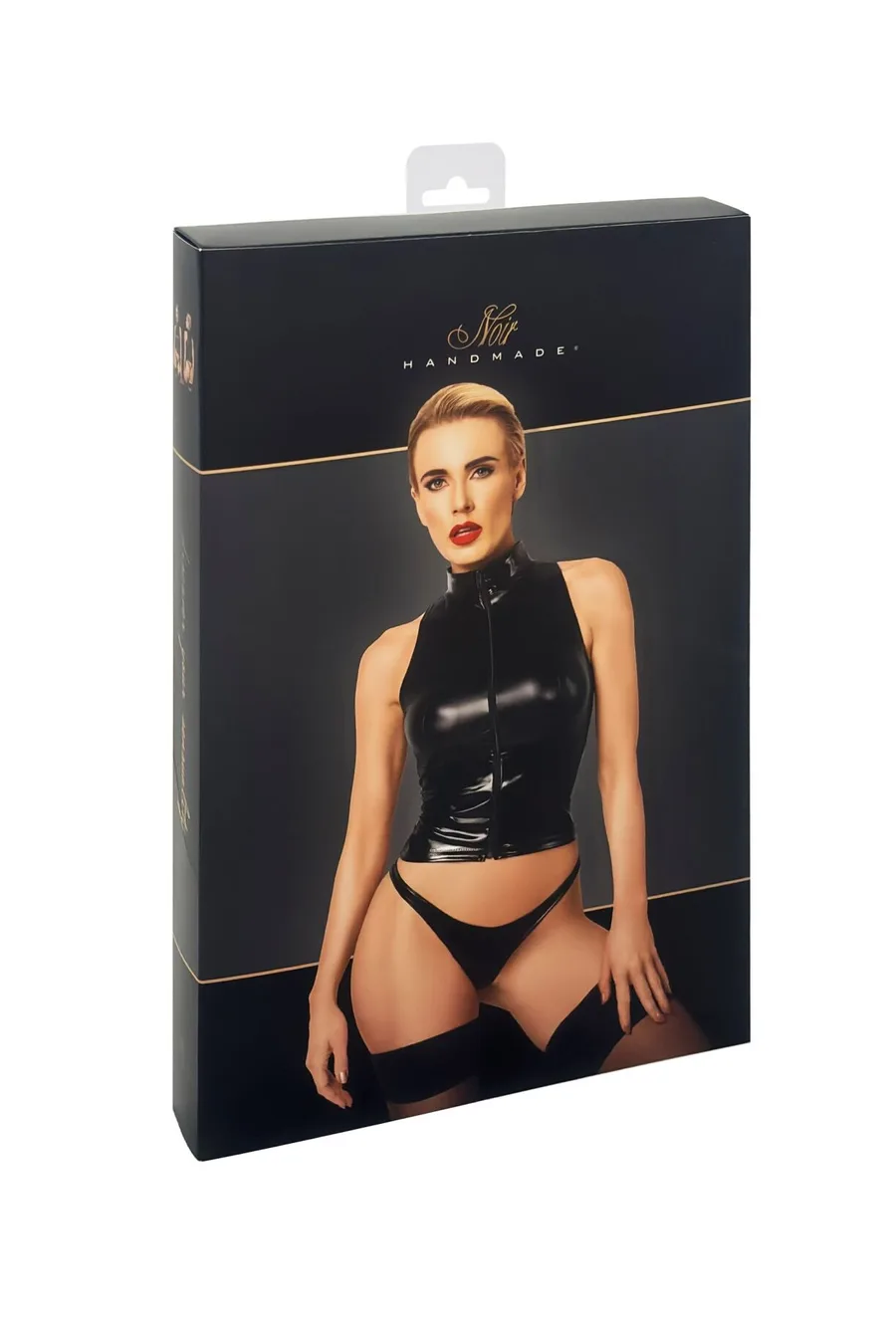Топ Noir Handmade F324 Glam, XXL, black, халтер, на блискавці, вінілові вставки, комір-стійка