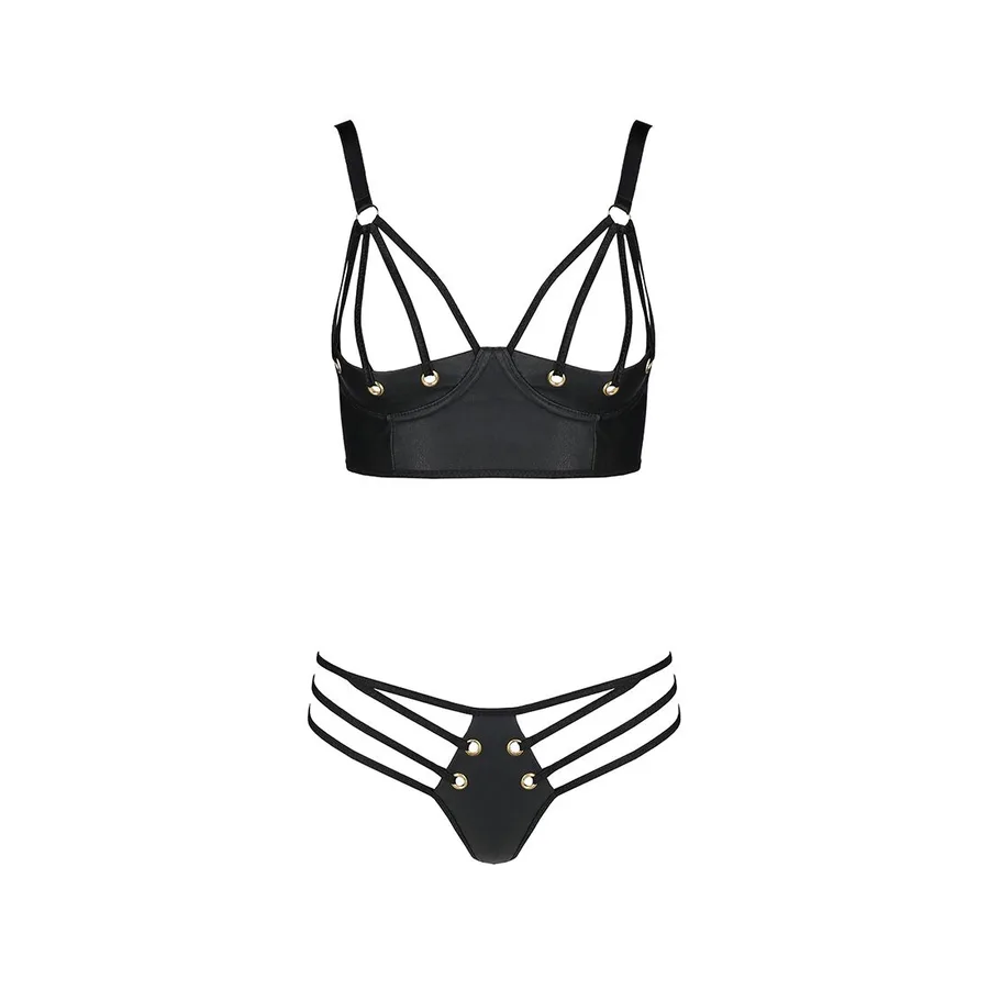 Комплект з екошкіри з люверсами та ремінцями Passion MALWIA BIKINI XXL/XXXL, black, бра та трусики