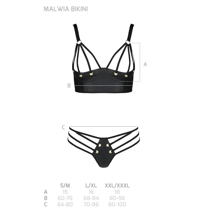 Комплект з екошкіри з люверсами та ремінцями Passion MALWIA BIKINI XXL/XXXL, black, бра та трусики