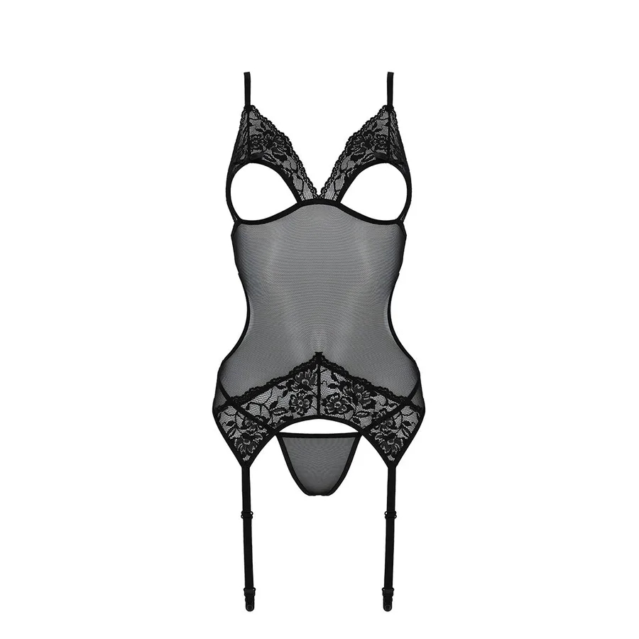 Корсет із підв’язками та ажурним ліфом Passion CHRISTA CORSET S/M, black, стрінги в комплекті