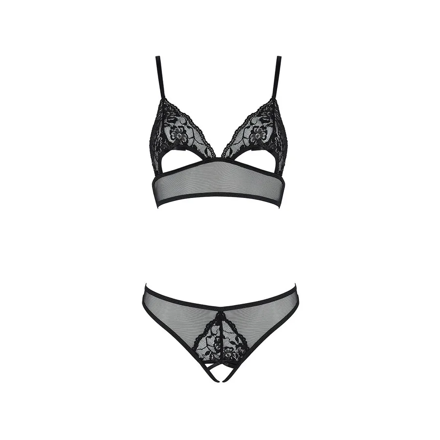Комплект із бралету з ажурним ліфом та відкритими трусиками Passion CHRISTA SET Open Bra L/XL black