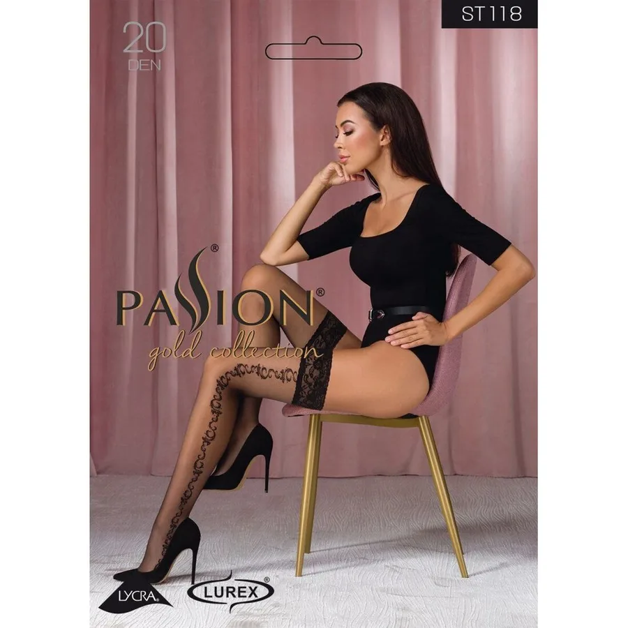 Чулки Passion ST118 5 black, на ажурной силиконовой резинке, с боковым вертикальным рисунком