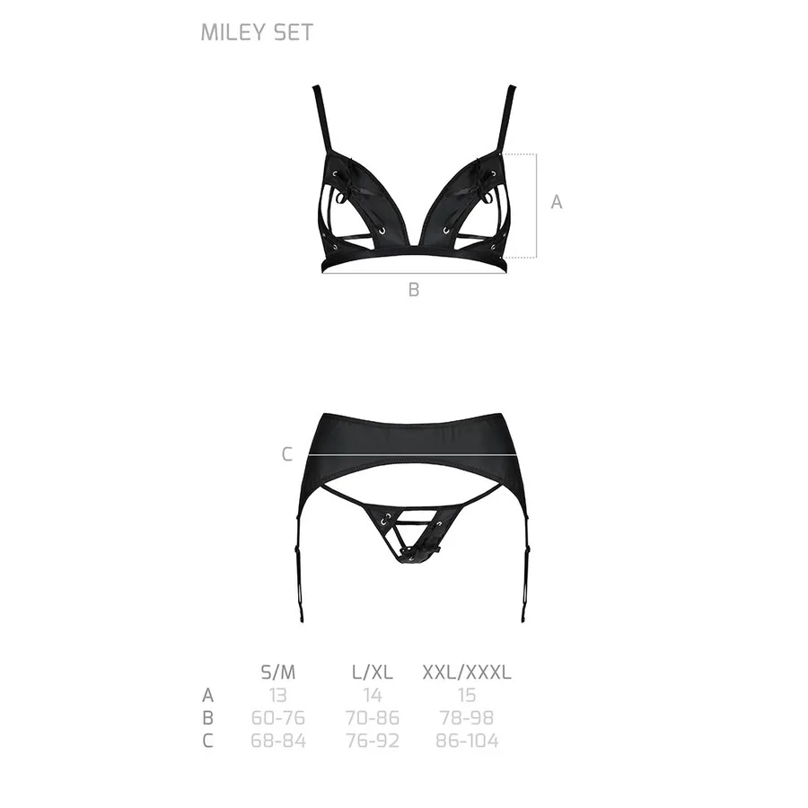 Комплект з екошкіри Passion MILEY SET L/XL, black, трусики, бюстгальтер, пояс для панчіх