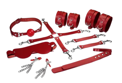 Набір Feral Feelings BDSM Kit 7 Red, наручники, поножі, конектор, маска, падл, кляп, затискачі