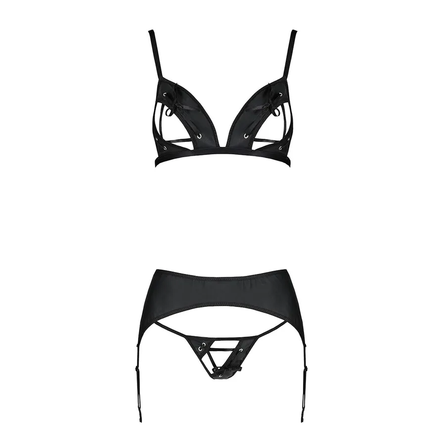 Комплект з екошкіри Passion MILEY SET XXL/XXXL, black, трусики, бюстгальтер, пояс для панчіх