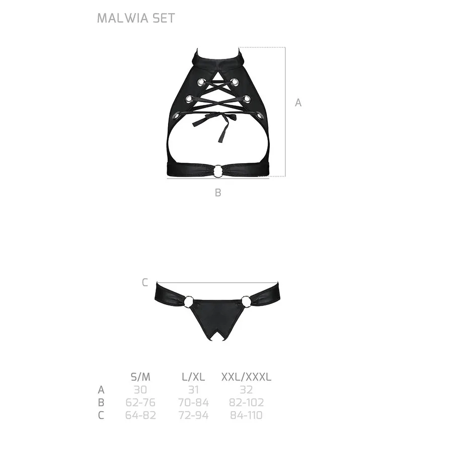 Комплект, открытый топ и трусики из эко-кожи с люверсами Passion MALWIA SET with Open Bra L/XL black
