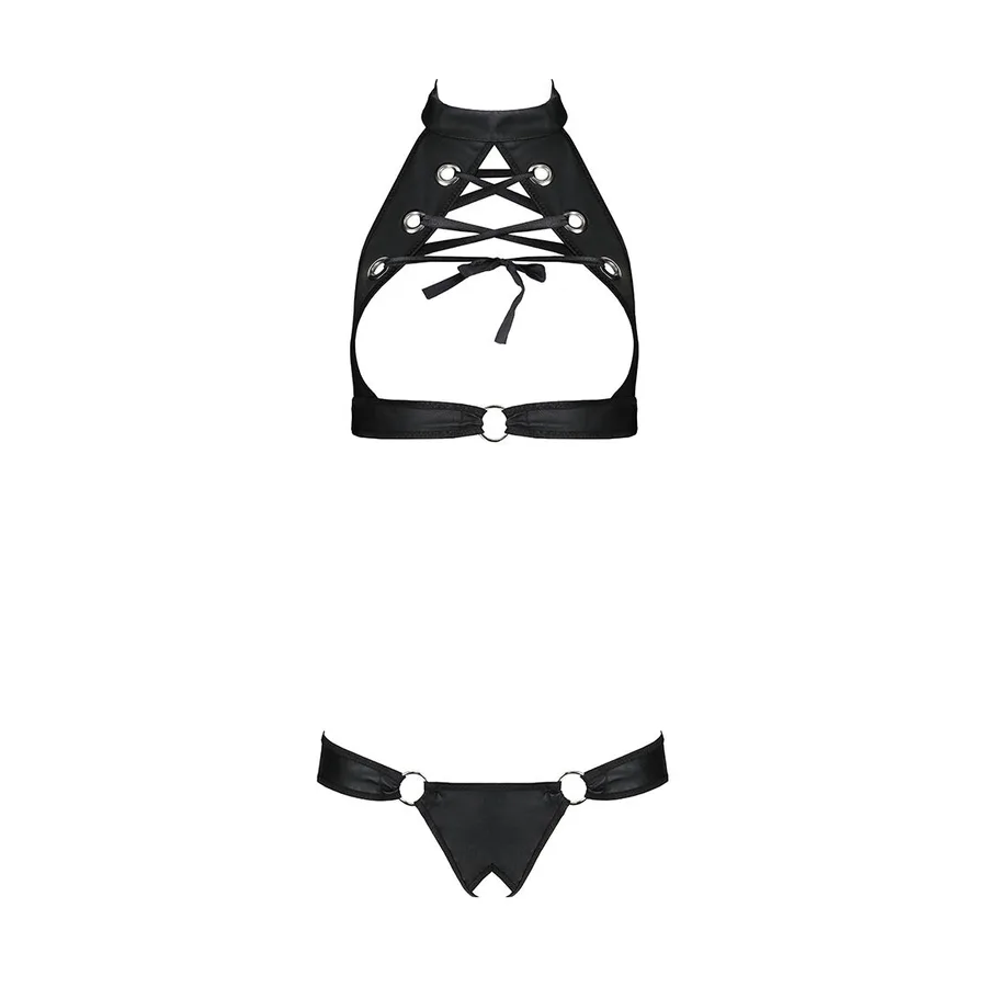 Комплект, открытый топ и трусики из эко-кожи с люверсами Passion MALWIA SET with Open Bra L/XL black