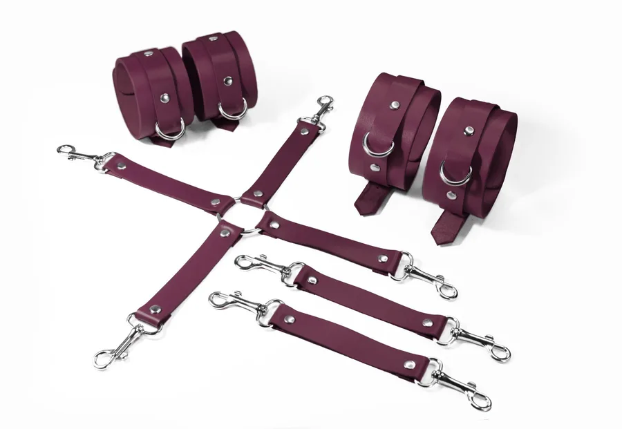 Набір для БДСМ Feral Feelings BDSM Kit 3 Burgundy, наручники, поножі, хрестовина