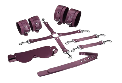 Набір Feral Feelings BDSM Kit 5 Burgundy, наручники, поножі, хрестовина, маска, падл