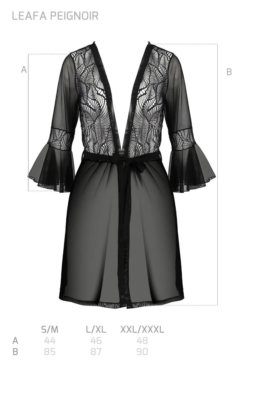 Пеньюар Passion LEAFA PEIGNOIR black, L/XL, довжина трохи вище коліна, широкі рукави, зав'язується на пояс