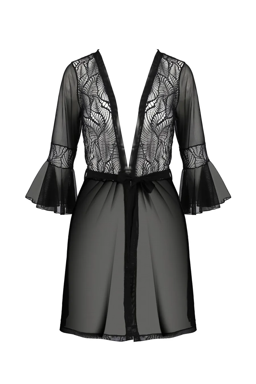 Пеньюар Passion LEAFA PEIGNOIR black, L/XL, довжина трохи вище коліна, широкі рукави, зав'язується на пояс