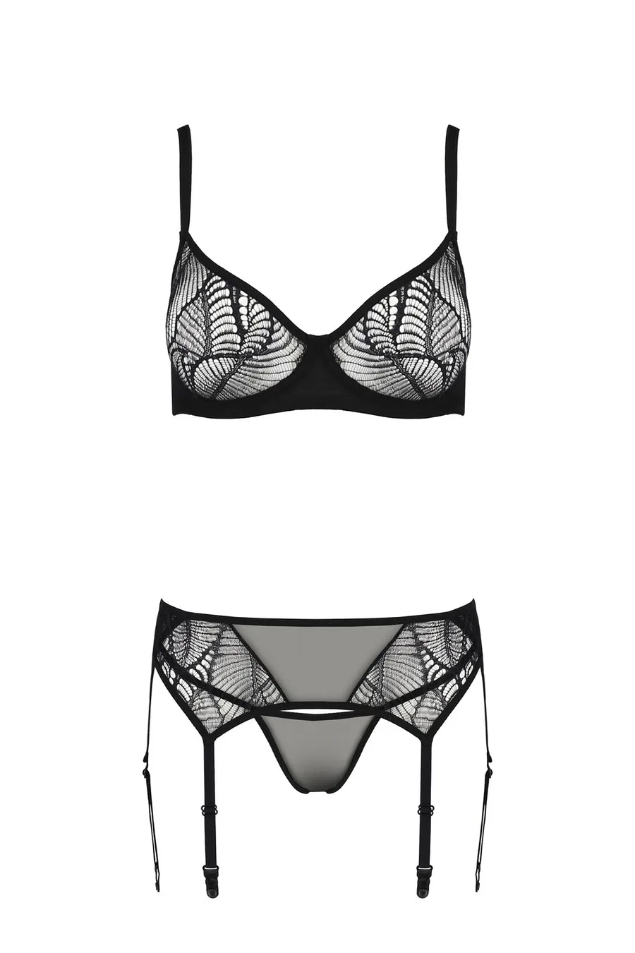 Комплект Passion LEAFA SET black, L/XL, мереживо+сітка, бюстгальтер на кісточках, стрінги, пояс для панчіх
