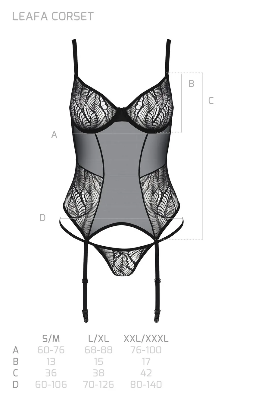 Корсет Passion LEAFA CORSET black S/M, мягкие чашки, зажимы для чулок, стринги в комплекте