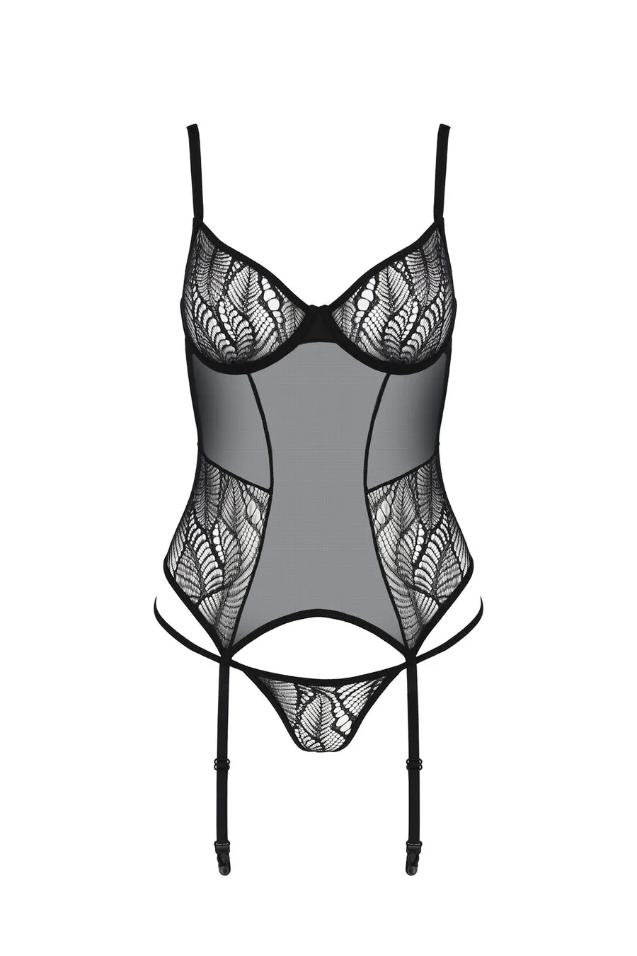 Корсет Passion LEAFA CORSET black S/M, мягкие чашки, зажимы для чулок, стринги в комплекте