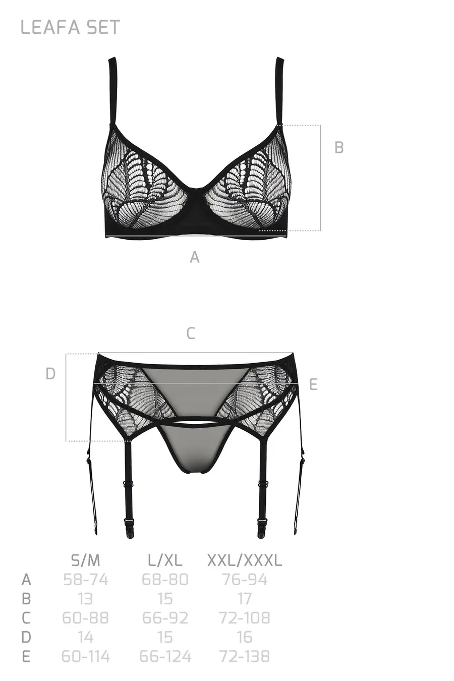 Комплект Passion LEAFA SET black S/M, кружево+сетка, бюстгальтер на косточках, стринги, пояс для чулок