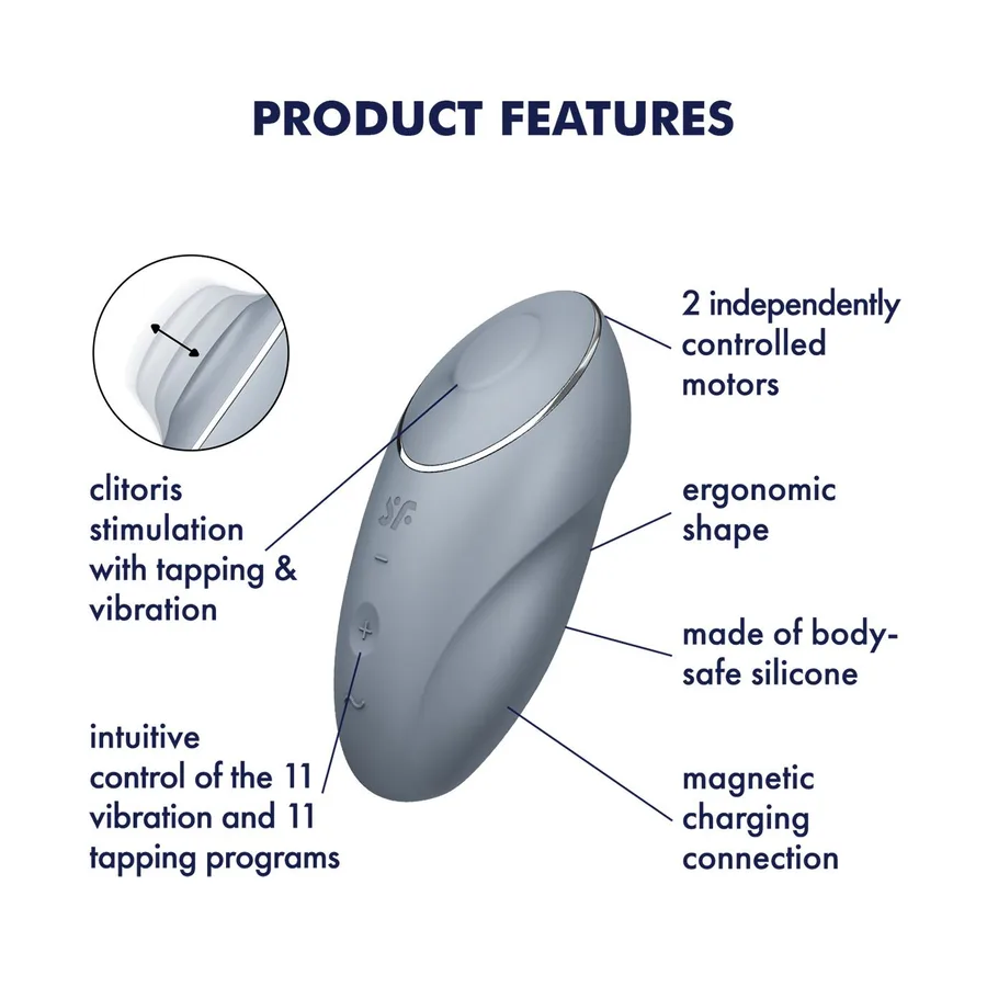 Вибростимулятор-пульсатор Satisfyer Tap & Climax 1 Bluegrey, эффект постукивания пальцем, 2 мотора