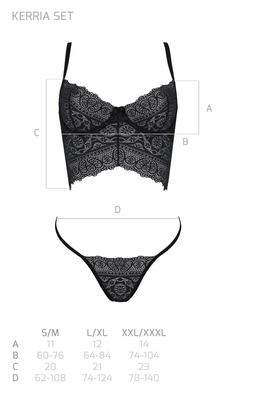 Комплект Passion KERRIA SET black, L/XL, сітка+мереживо, бюстьє та стрінги