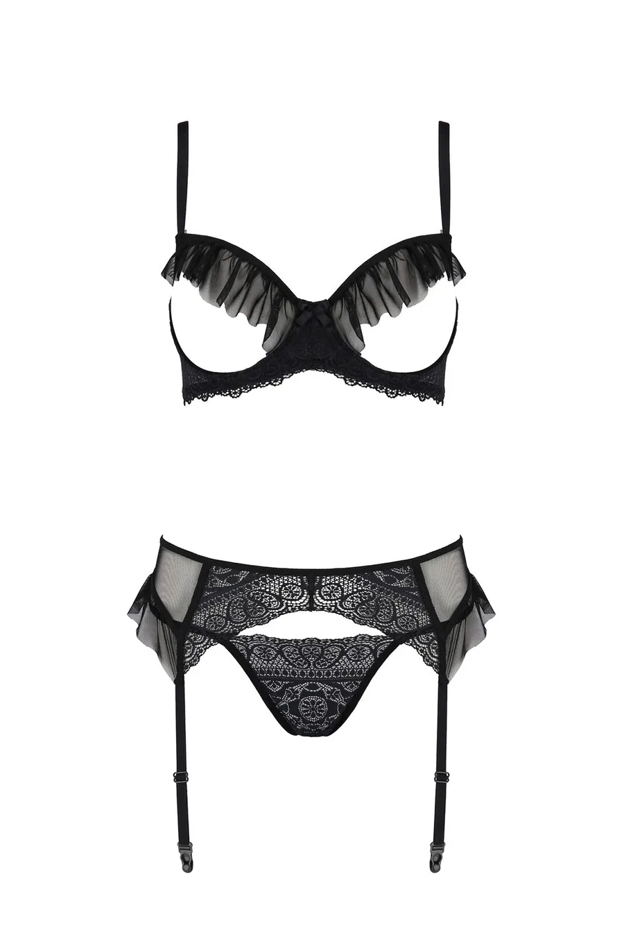 Комплект Passion KERRIA SET WITH OPEN BRA black, L/XL, бюстгальтер з відкритою чашкою, стрінги, пояс для панчіх