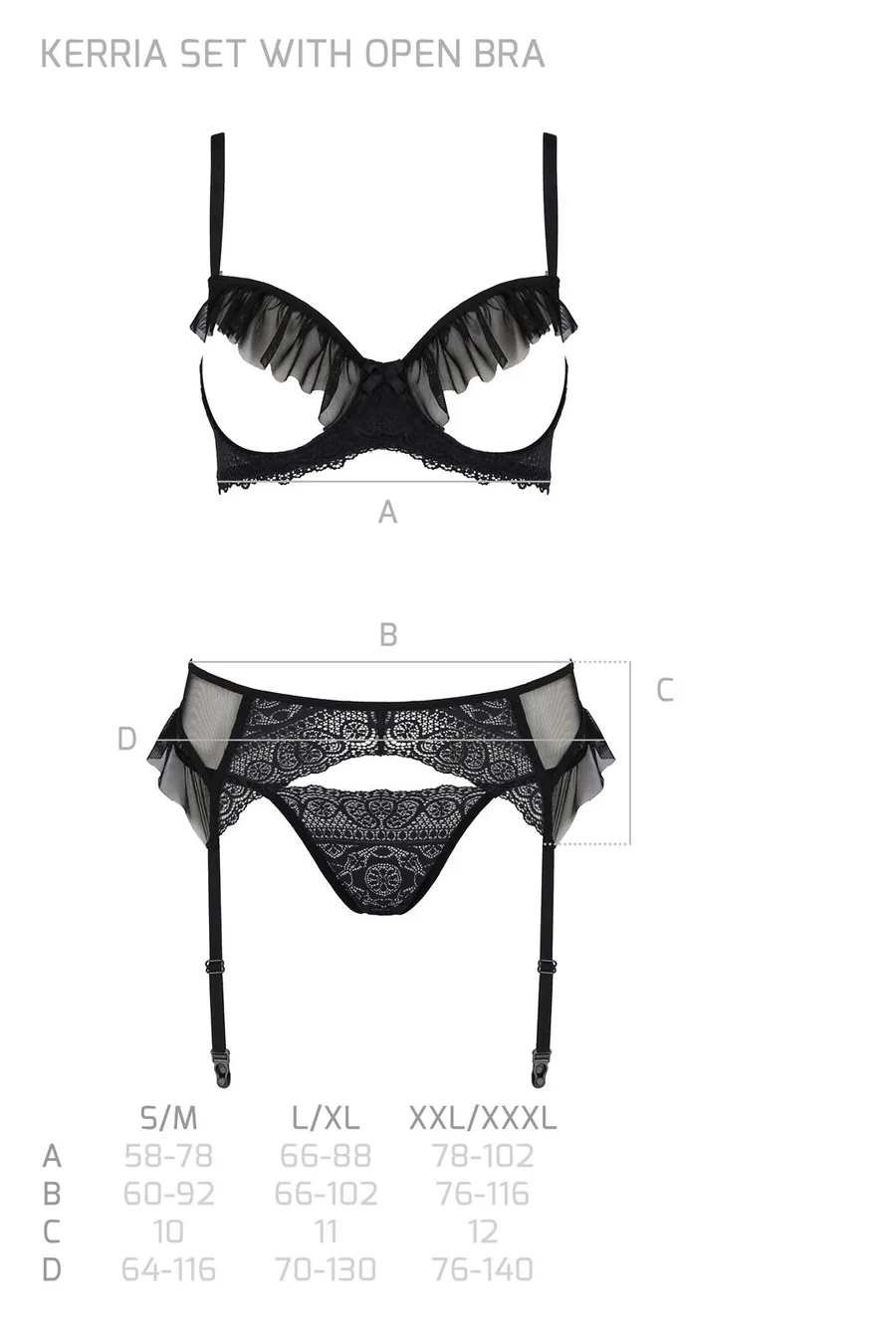 Комплект Passion KERRIA SET WITH OPEN BRA black, S/M, бюстгальтер с открытой чашкой, стринги, пояс для чулок