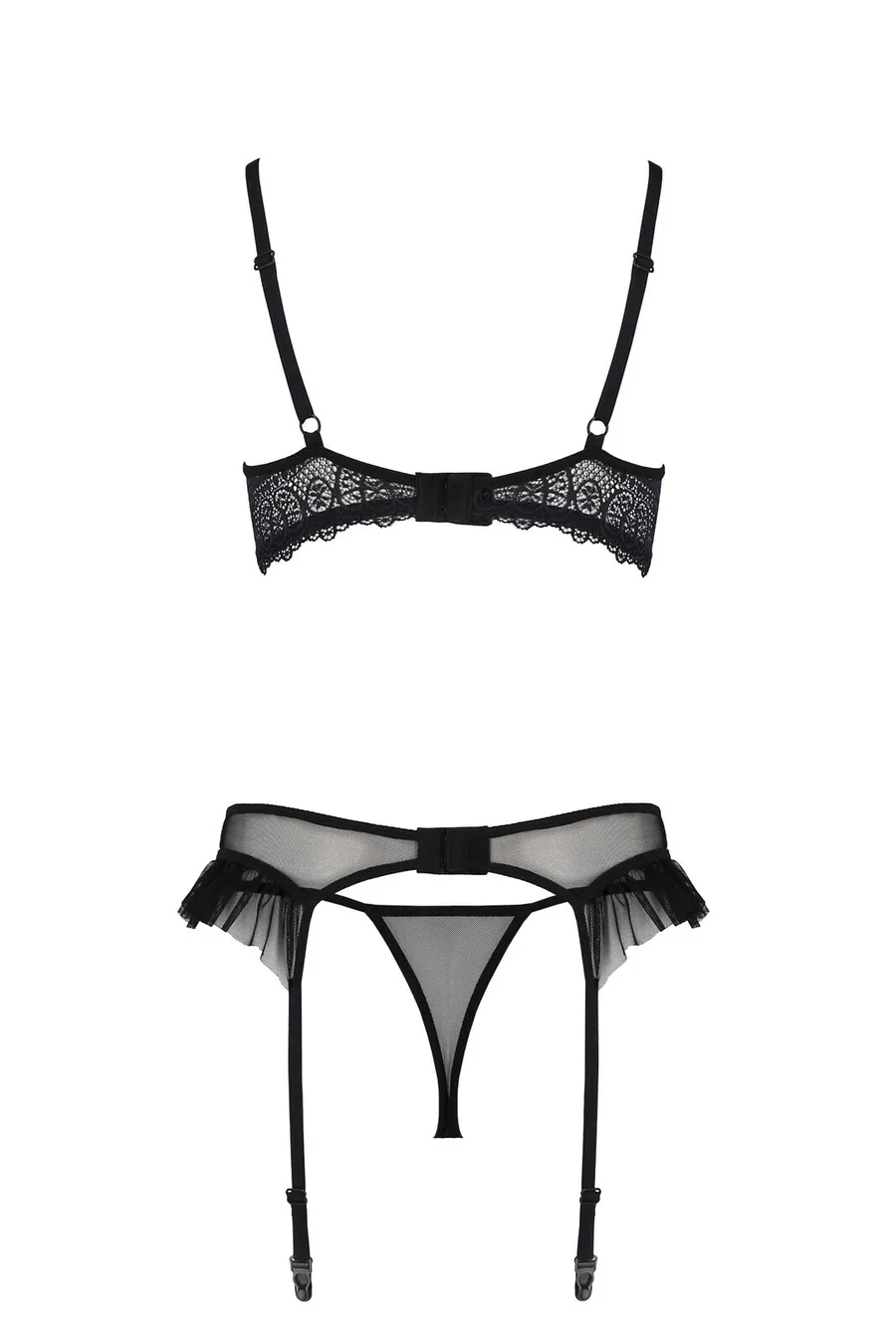 Комплект Passion KERRIA SET WITH OPEN BRA black, XXL/XXXL, бюстгальтер с открытой чашкой, стринги, пояс для чулок