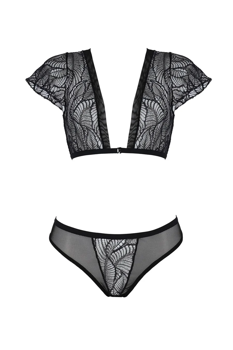 Комплект Passion LEAFA BIKINI black S/M, бюстгальтер-топ с рукавчиками, стринги-шортики с вырезом