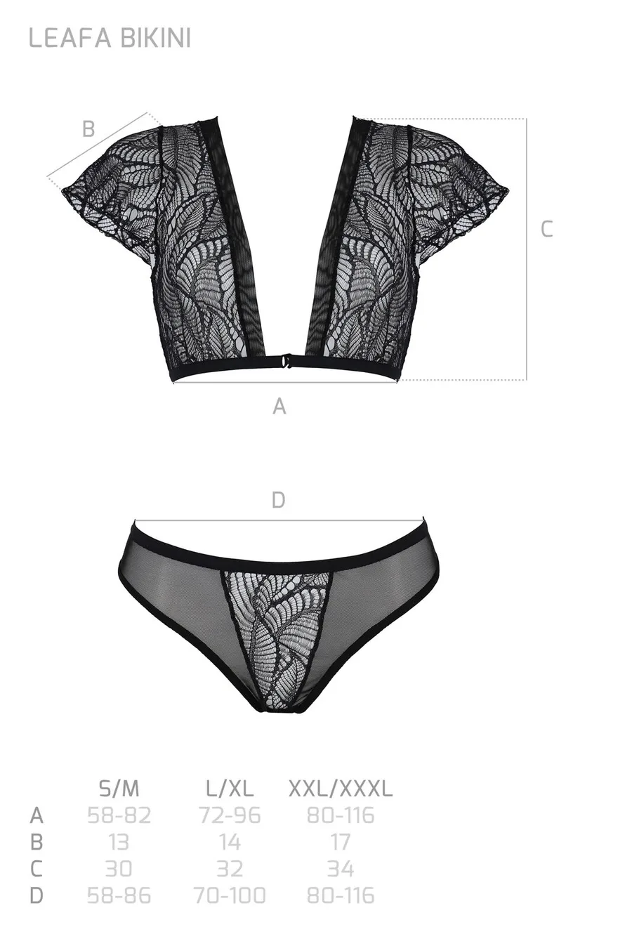 Комплект Passion LEAFA BIKINI black, XXL/XXXL, бюстгальтер-топ з рукавчиками, стрінги-шортики з вирізом