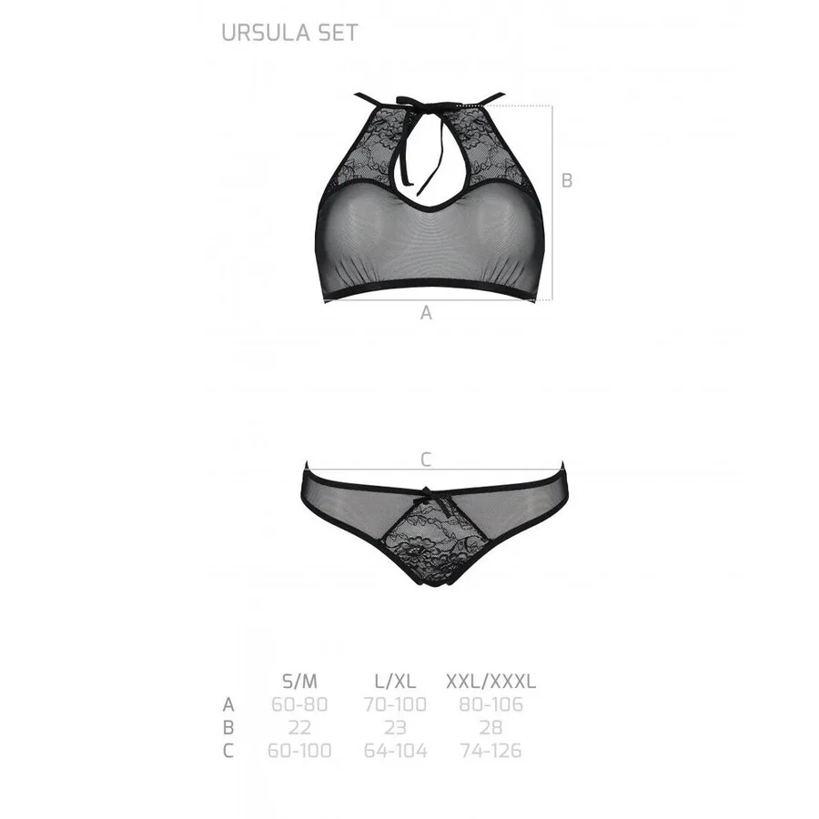 Комплект: бра, трусики с ажурным декором и открытым шагом Passion URSULA SET S/M, black